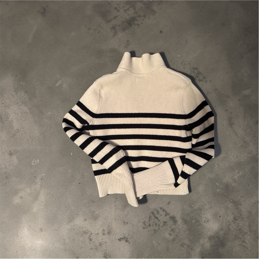 Cream Black Striped Collared Sweater – Women’s Small – Ribbed Knit Polo Style - Picture 4 of 4